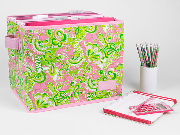 Office products: collapsible box for storage, printed calculator and pencils