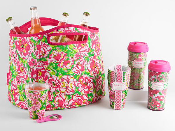 Microfiber beverage bucket with details such as printed waterproof lining, colored webbing around upper trim and handle, front storage pocket, logo tag, hook for hanging, sold with a colored bottle opener. Bucket featured with a set of plastic tumblers and double wall hot tumblers