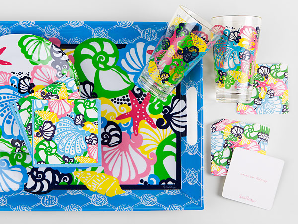 Tableware set: melamine tray and plates, paper napkins, paper coasters and acrylic tumblers