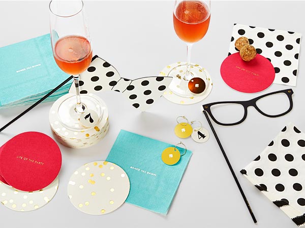Entertainment set: Printed napkins with gold foil, printed deluxe sturdy & thick coasters, wine charms, photo booth props.